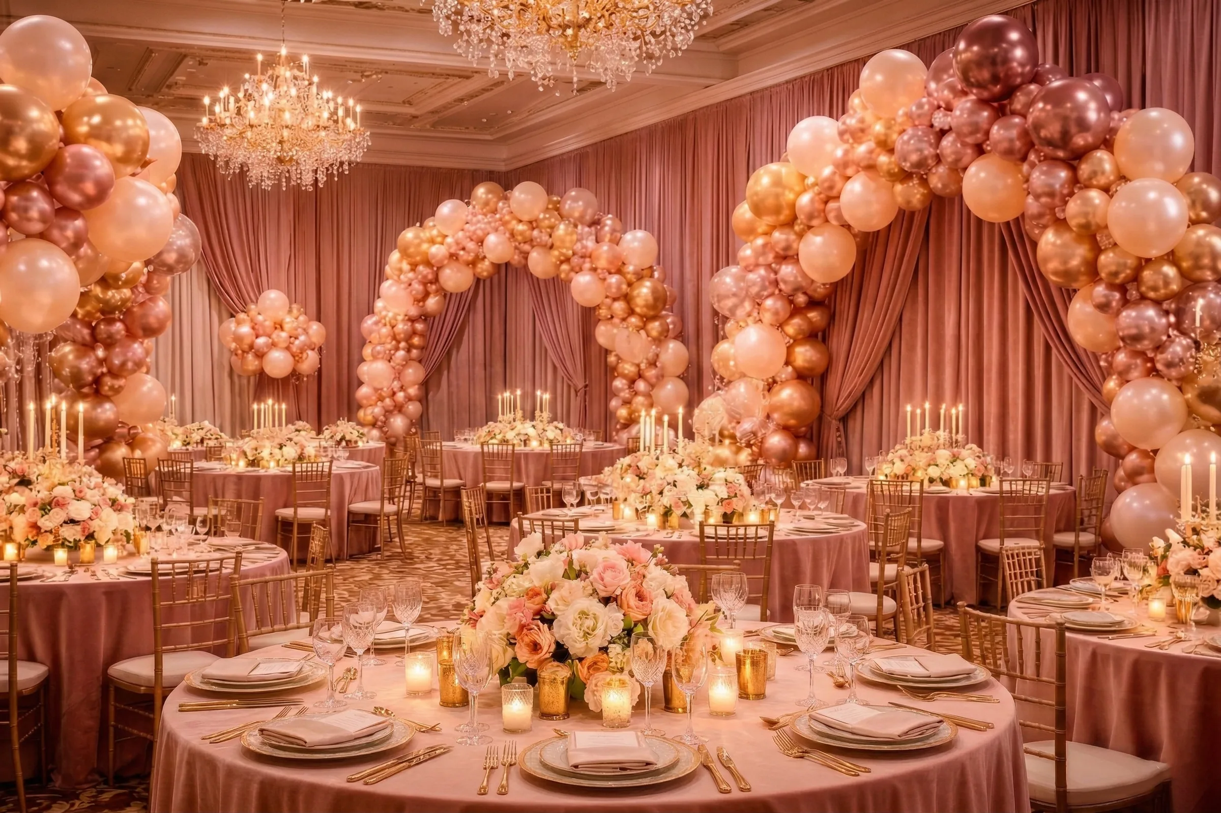 Elegant ballroom event setup with rose-gold balloon arches, floral centerpieces, and chandelier lighting.